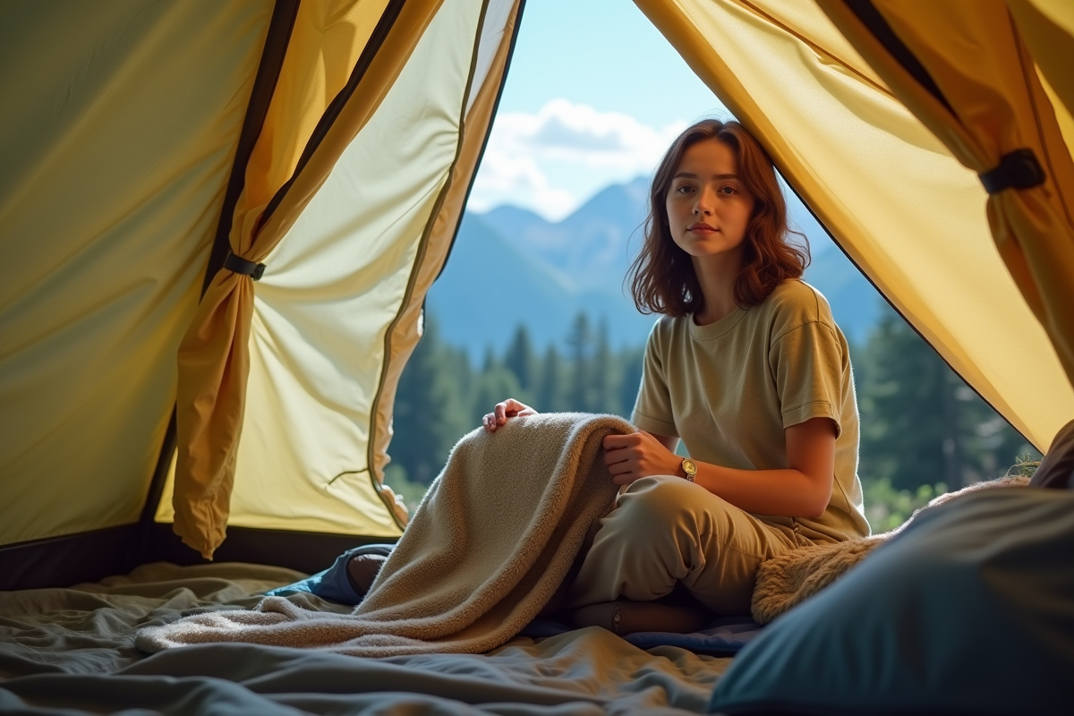 Jeune femme dans un tente ajustant une couverture