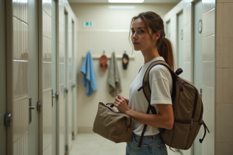 Jeune femme attente dans la salle de douche partagée d'auberge