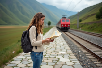 Jeune femme avec sac à dos regarde une carte en Albanie
