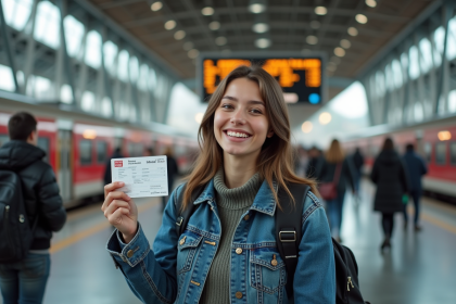 Jeune femme souriante dans une gare européenne avec billet Interrail