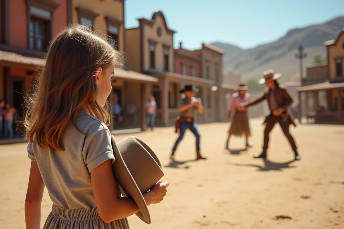 Jeune fille regardant un duel dans un village western