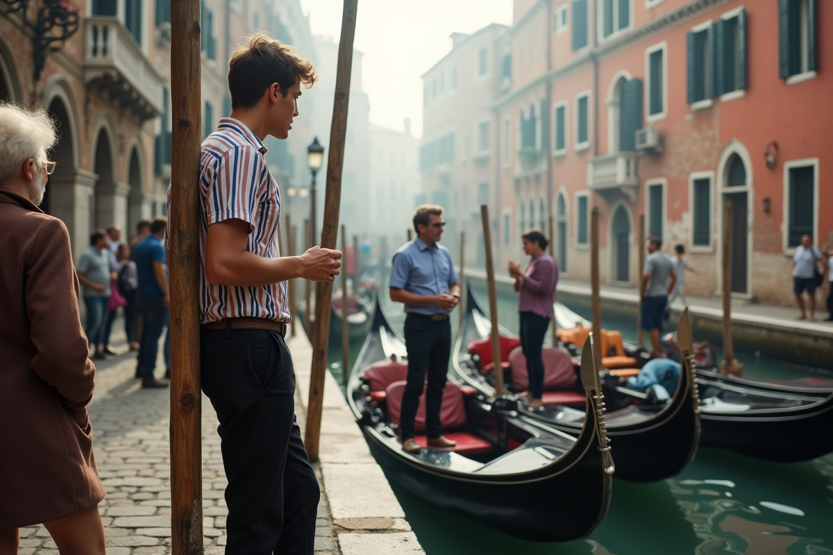 Jeune gondolier discutant avec un couple à Venise