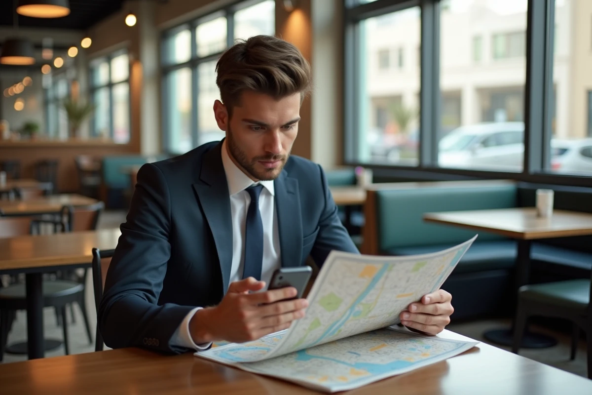 Jeune homme compare carte et smartphone dans un café