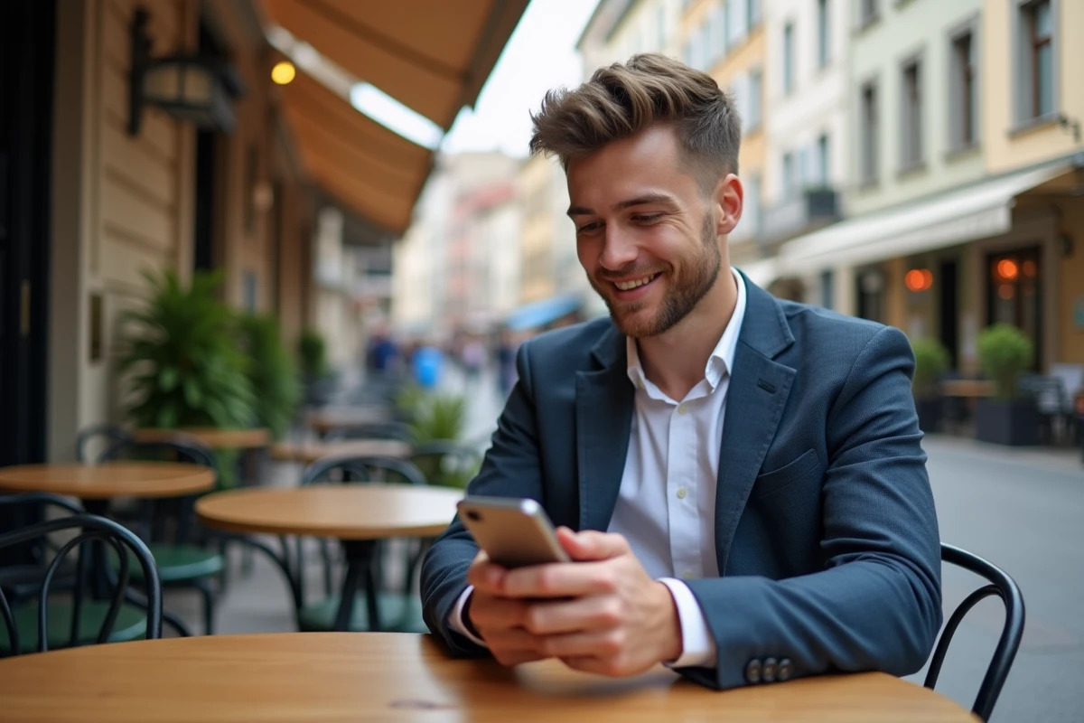 Jeune homme utilise son smartphone dans un café en voyage