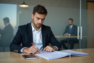 Jeune homme en bureau de visa organisant ses documents
