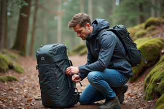 Jeune homme en randonnée examinant son sac à dos en forêt