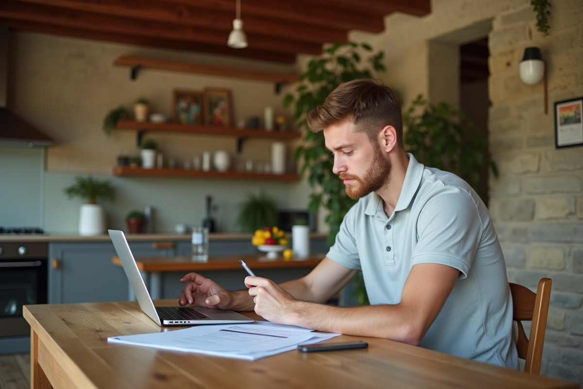 Jeune homme travaillant à une table dans un gîte cosy