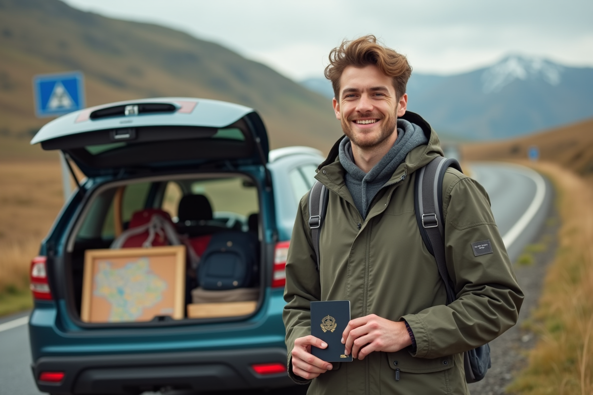 Jeune homme avec documents en voyage à l