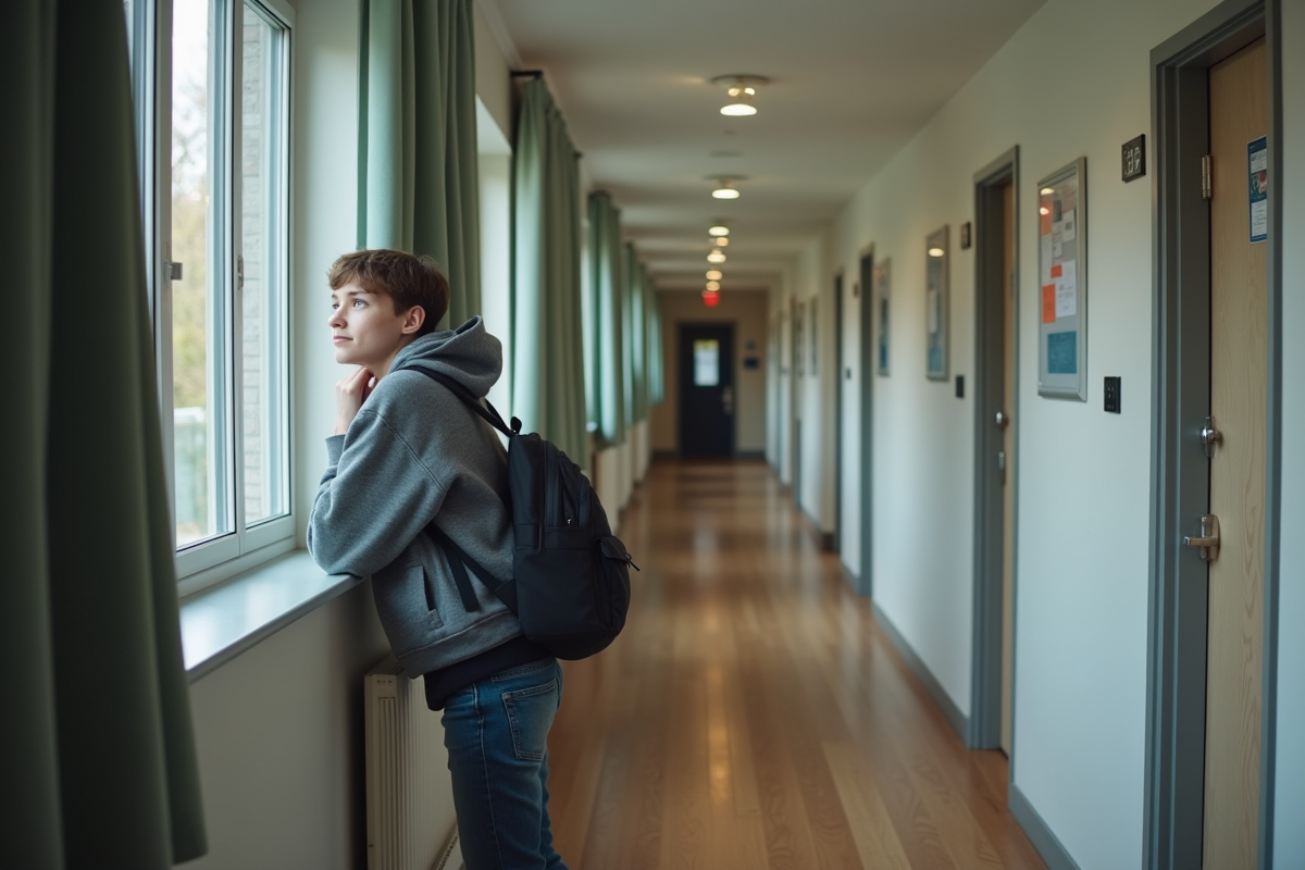 Jeune voyageur pensif regardant par la fenetre dans un dortoir