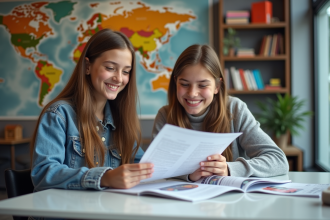Jeune fille et garçon souriants étudiant des brochures d'études à l'agence