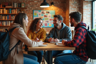 Jeunes voyageurs discutant dans une salle commune chaleureuse