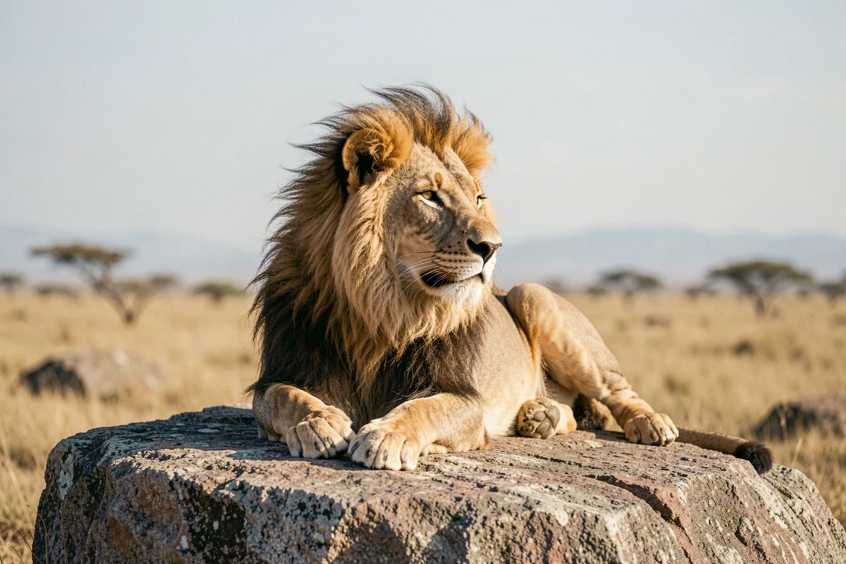 Lion mâle adulte reposant sur un kopje rocheux dans le parc national du Serengeti avec vue sur la savane