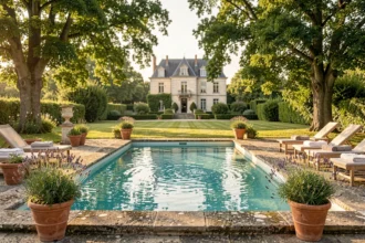 Piscine privée entourée d'une terrasse en pierre et d'une végétation luxuriante dans une location de vacances en Centre-Val de Loire
