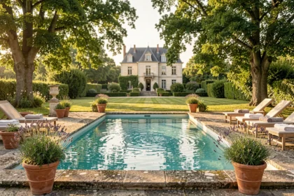 Piscine privée entourée d'une terrasse en pierre et d'une végétation luxuriante dans une location de vacances en Centre-Val de Loire