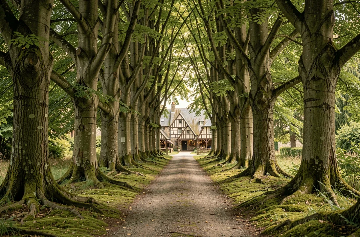 Allée de hêtres centenaires de la forêt de Lyons-la-Forêt menant vers les halles à colombages du village normand de l'Eure
