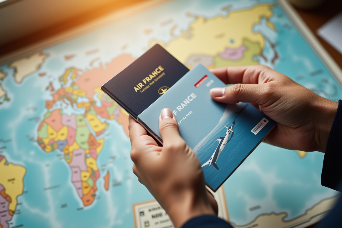Mains tenant des bons de vacances Air France et un passeport sur une carte du monde