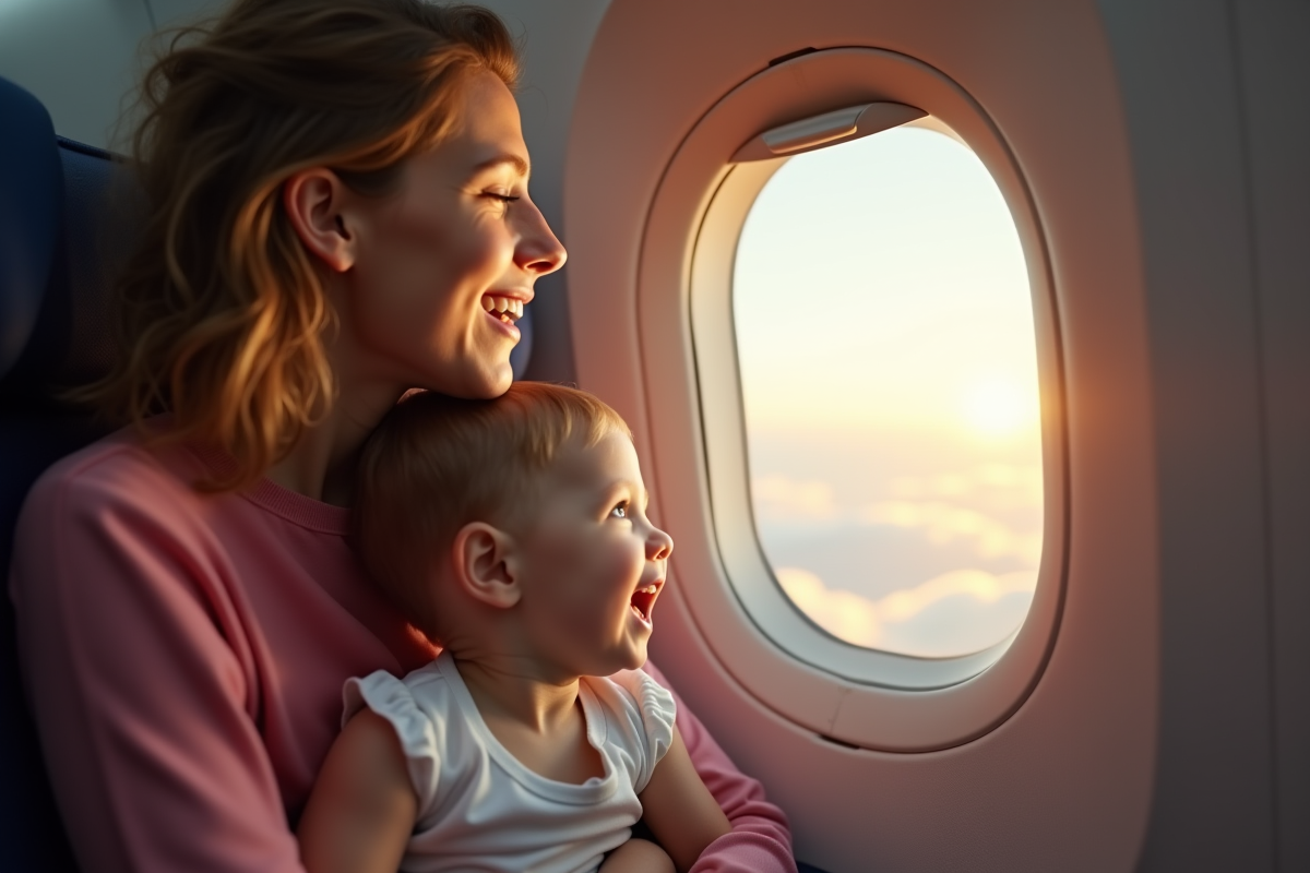 Maman aide son enfant à regarder par la fenêtre de l'avion