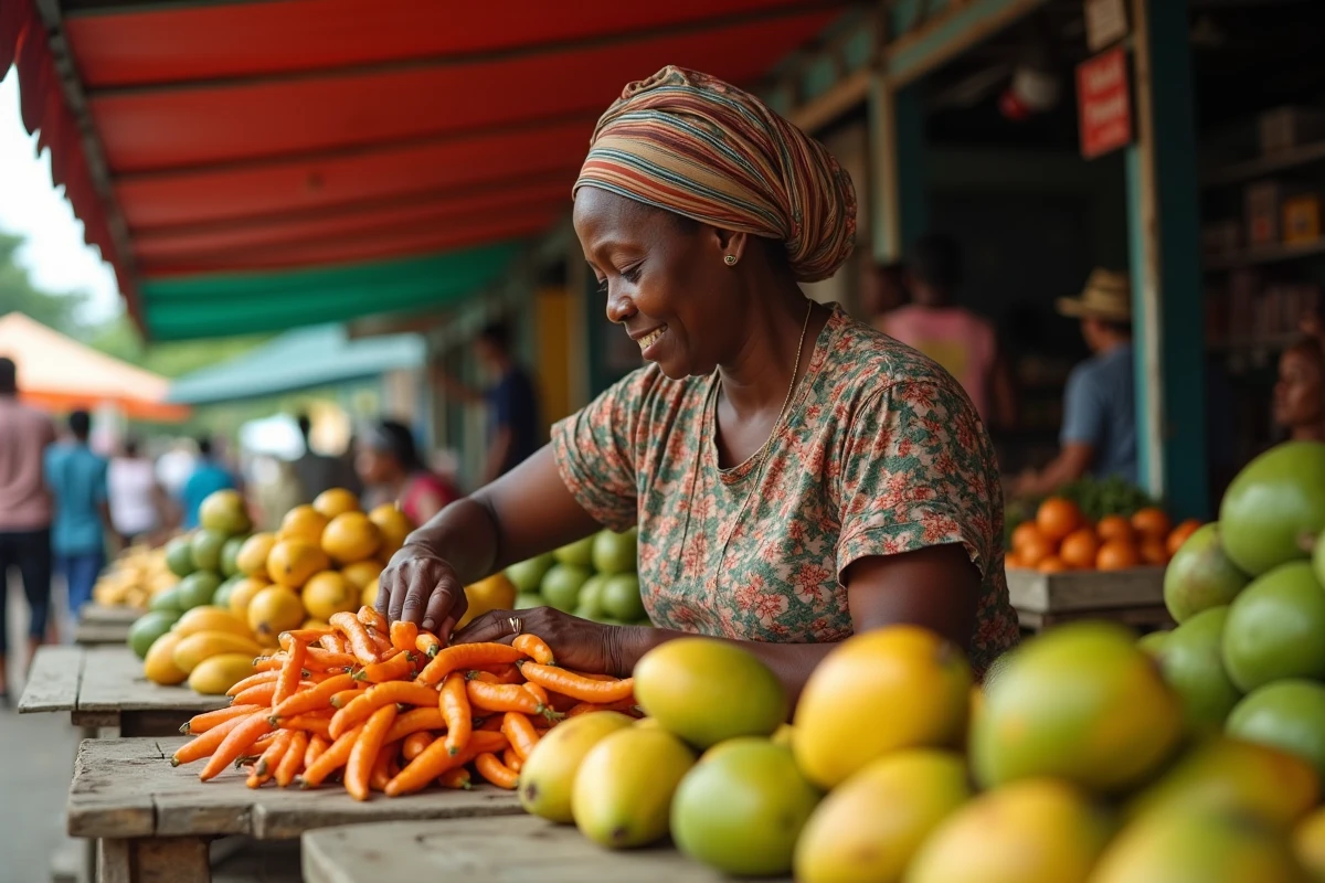 Vendeuse jamaïcaine et ses fruits tropicaux au marché animé de Coronation Market à Kingston
