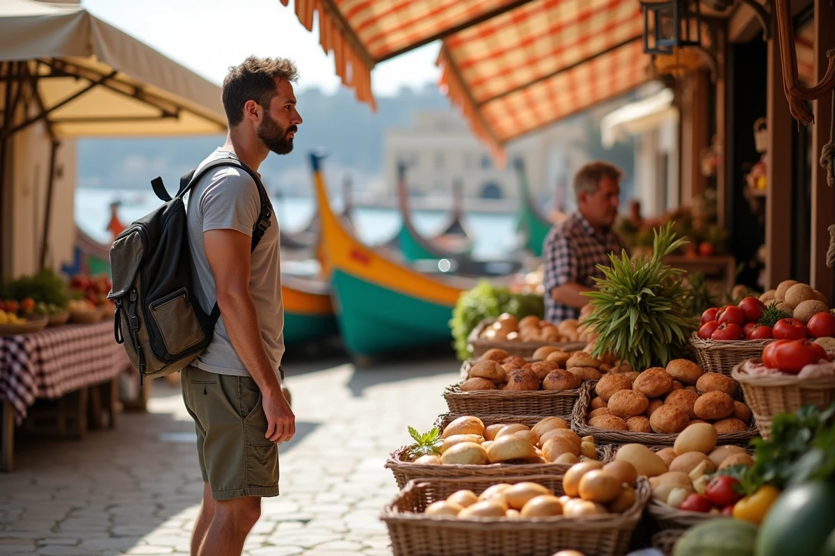 Voyageur explorant le marché local de Marsaxlokk à Malte pour faire des économies sur son voyage