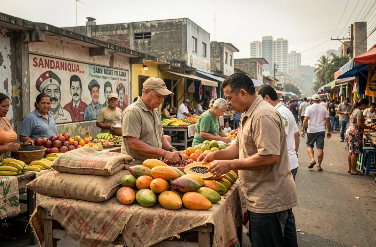 Marché de rue animé au centre-ville de Managua avec des vendeurs proposant des fruits tropicaux colorés
