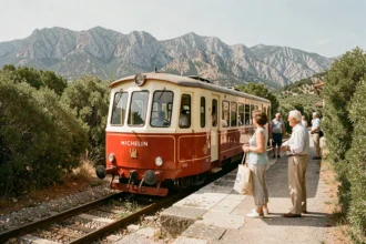 Micheline corse arrêtée en gare rurale avec des passagers locaux attendant sur le quai en pierre, entourée de maquis et de montagnes granitiques
