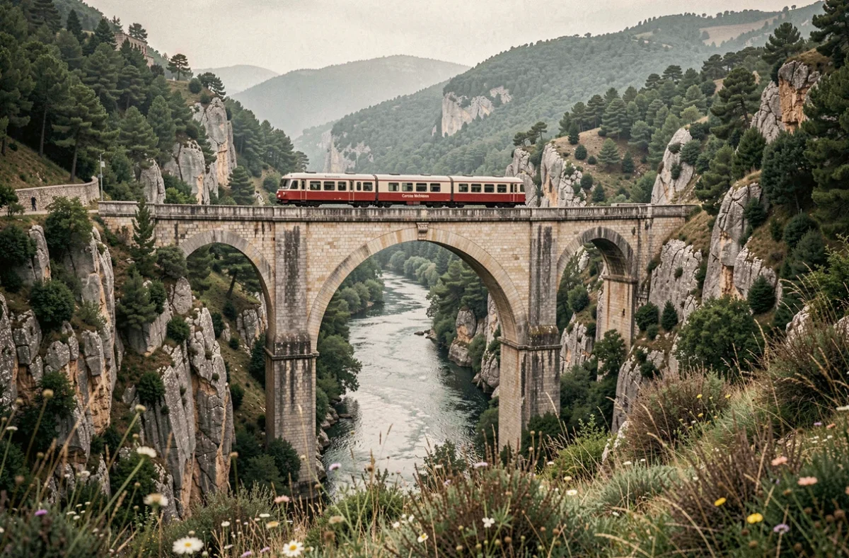Micheline corse traversant un viaduc en pierre au-dessus d'une gorge boisée, illustrant le parcours pittoresque du train entre villages insulaires