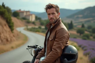 Motard en veste de cuir posant sur une route sinueuse en Provence avec sa moto café racer et des champs de lavande en arrière-plan