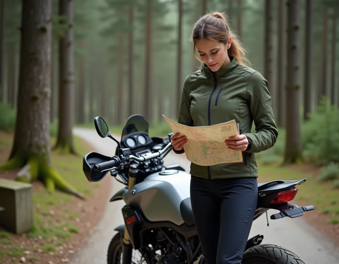 Motarde consultant une carte papier sur sa moto d'aventure arrêtée sur un chemin forestier dans le Massif Central