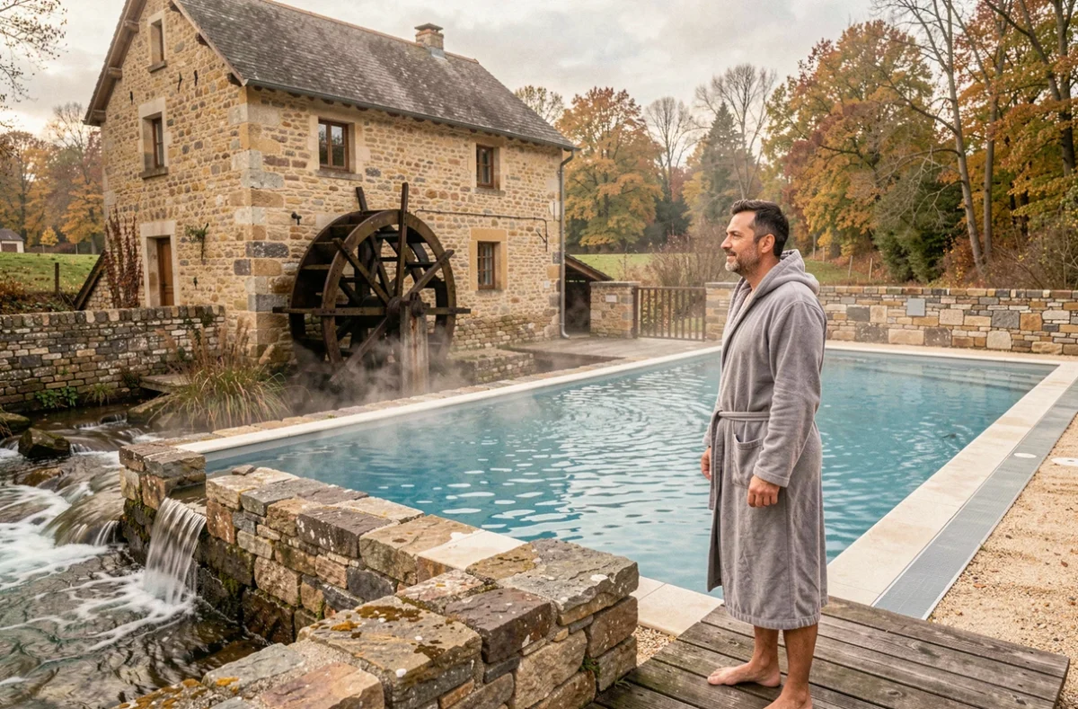 Piscine chauffée du Moulin de Béchereau avec ancien moulin à eau restauré en Eure-et-Loir