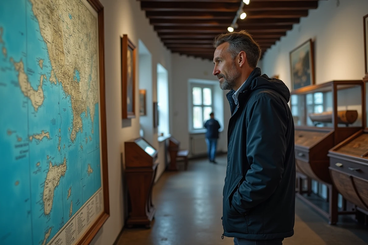Homme contemplant une carte maritime historique au musée de la Marine de Brest lors d'une visite culturelle en intérieur en Finistère