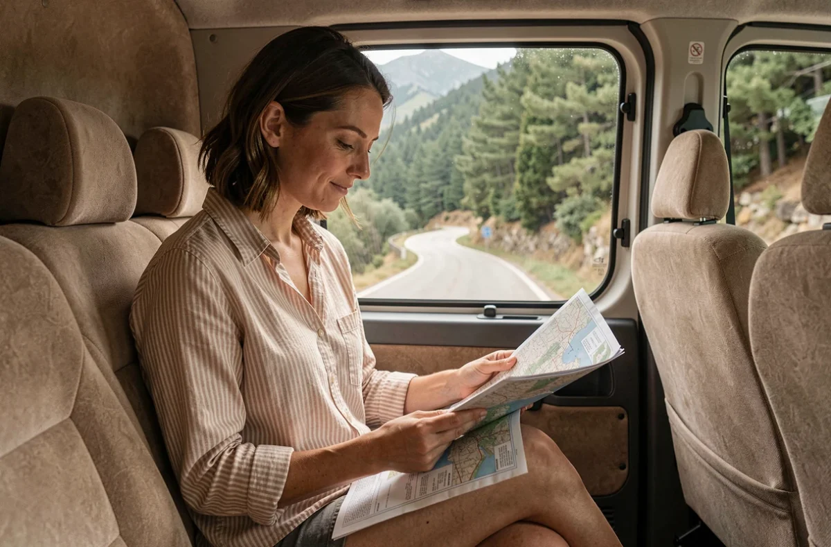 Passagère dans une navette locale de Corse du Sud consultant une carte papier des transports régionaux