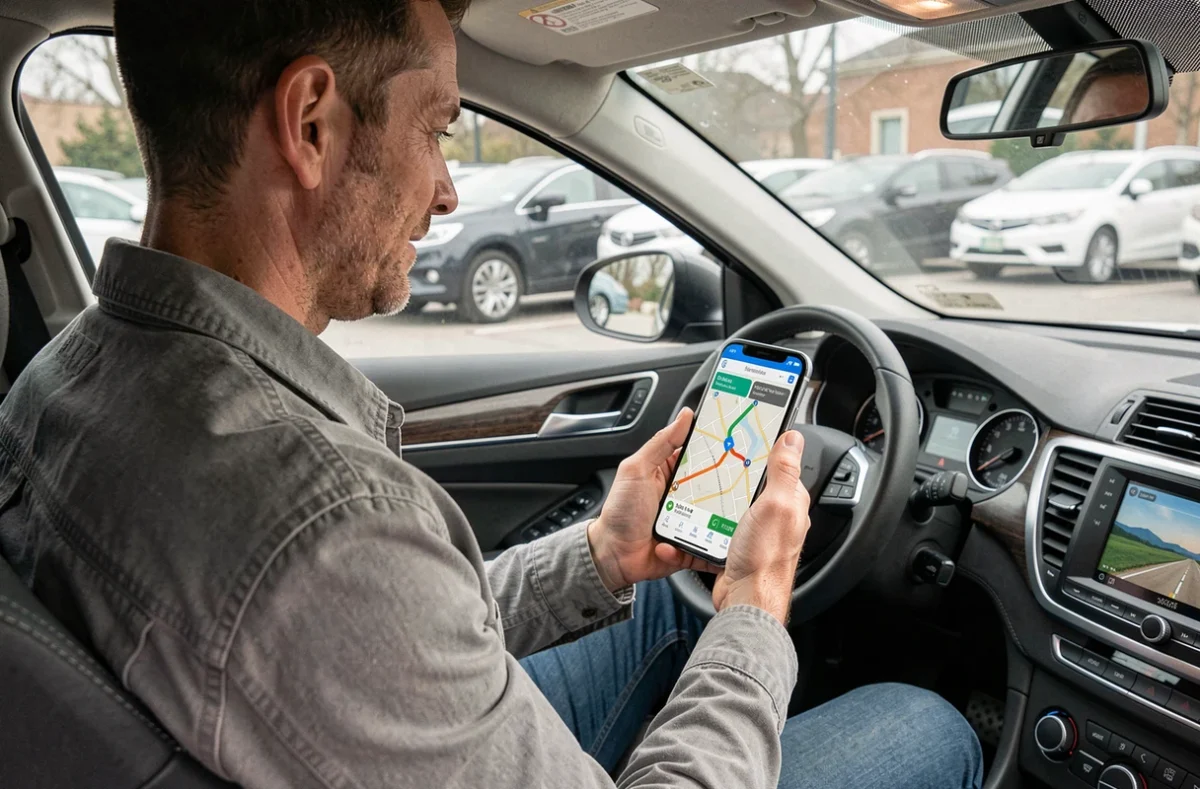 Homme consultant une application de navigation GPS sur smartphone dans une voiture avant de démarrer un trajet