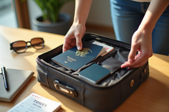 Voyageur rangeant son passeport dans un sac organisé sur une table en bois