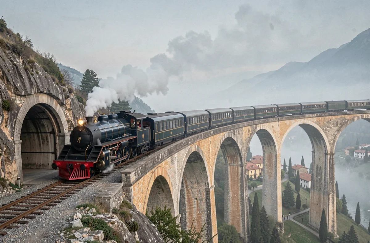 Train Orient-Express traversant un viaduc alpin dans les montagnes italiennes au lever du jour