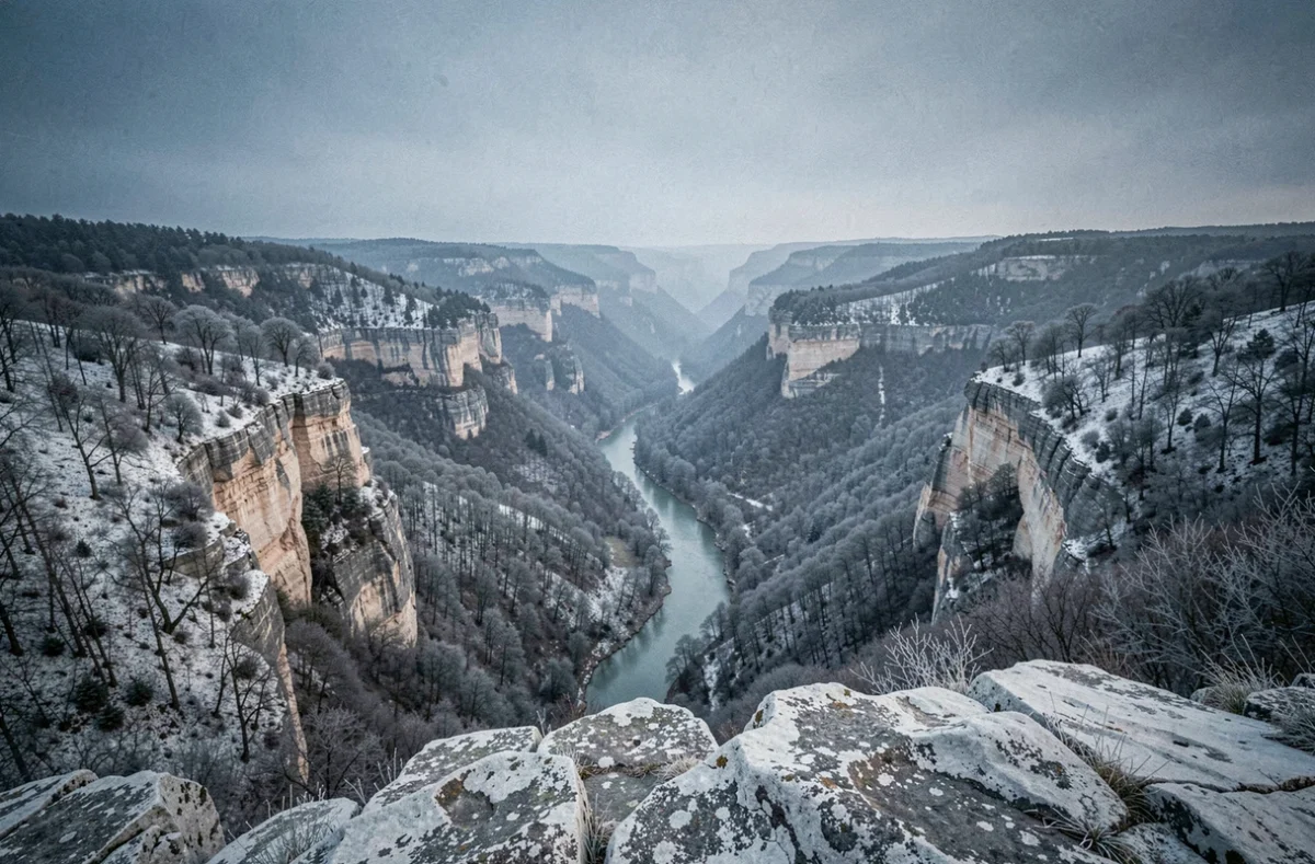 Vue panoramique de la vallée de la Vis en hiver avec rivière et falaises calcaires couvertes de givre