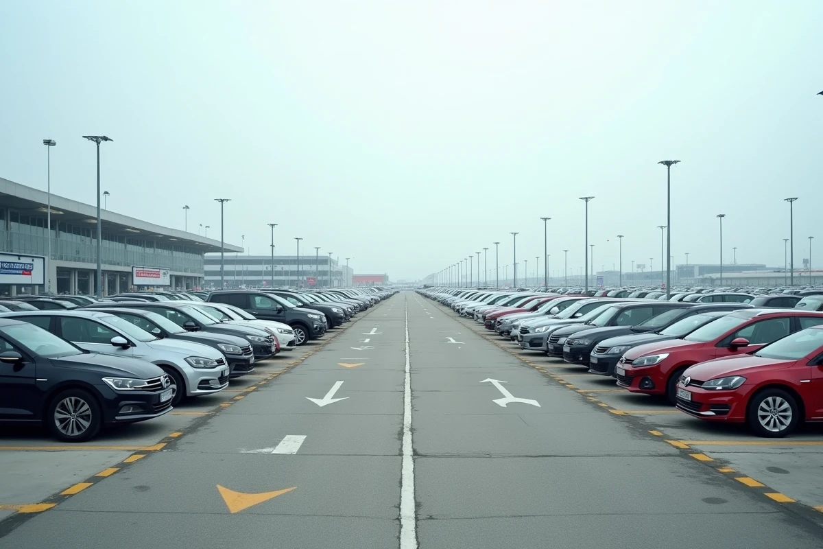 Vue panoramique du parking longue durée P5 de l'aéroport Toulouse-Blagnac avec panneaux de tarification