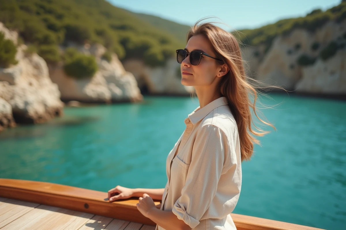 Femme observant l'île de Porquerolles depuis le pont d'un bateau en bois éco-responsable