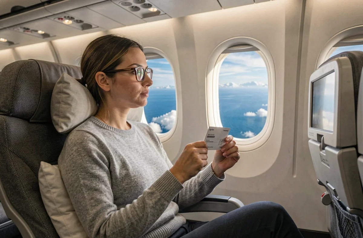 Passagère contemplant le paysage aérien depuis le hublot d'un avion lors d'un long vol entre La Réunion et Paris
