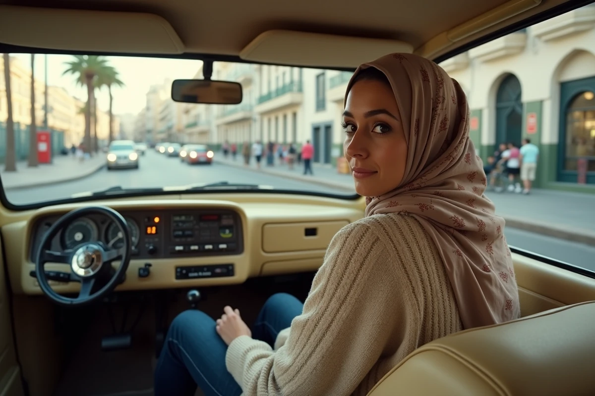 Passagère en taxi blanc dans les rues de Casablanca en route vers le CMN