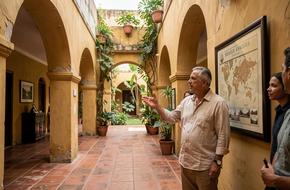 Patio colonial d'un musée culturel à Granada au Nicaragua avec un guide expliquant l'histoire locale sous des arcades en stuc