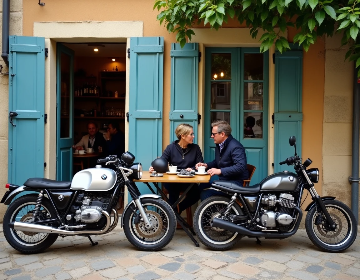 Deux motards faisant une pause café en terrasse d'un bistrot de village français avec leurs motos garées devant