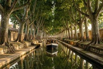 Péniche traditionnelle naviguant sur le Canal du Midi sous une voûte de platanes centenaires