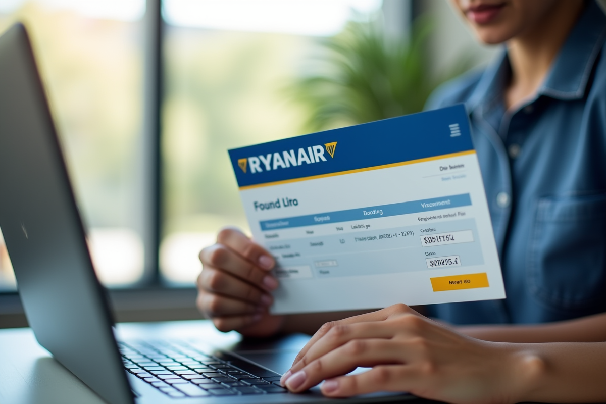 Personne tenant une carte d'embarquement Ryanair devant un ordinateur lumineux