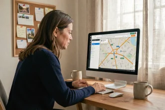 Femme planifiant un itinéraire routier sur un outil de cartographie en ligne depuis son bureau à domicile