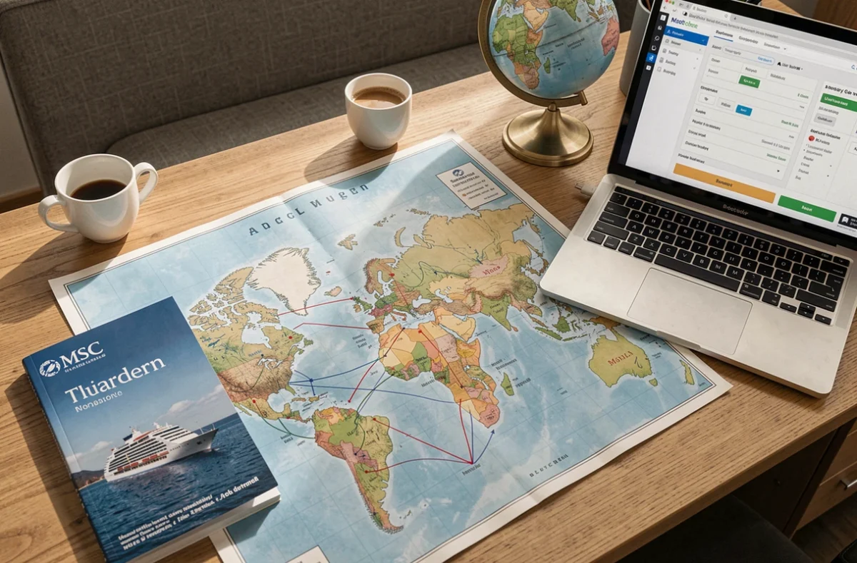 Bureau d'agence de voyage avec carte du monde et brochure MSC pour planifier un tour du monde en croisière