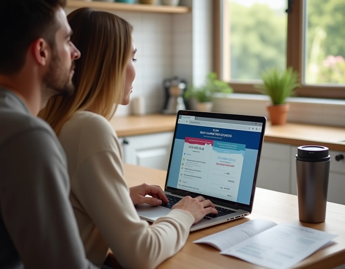 Couple planifiant un trajet économique sur le site Michelin depuis leur cuisine avec estimation des coûts