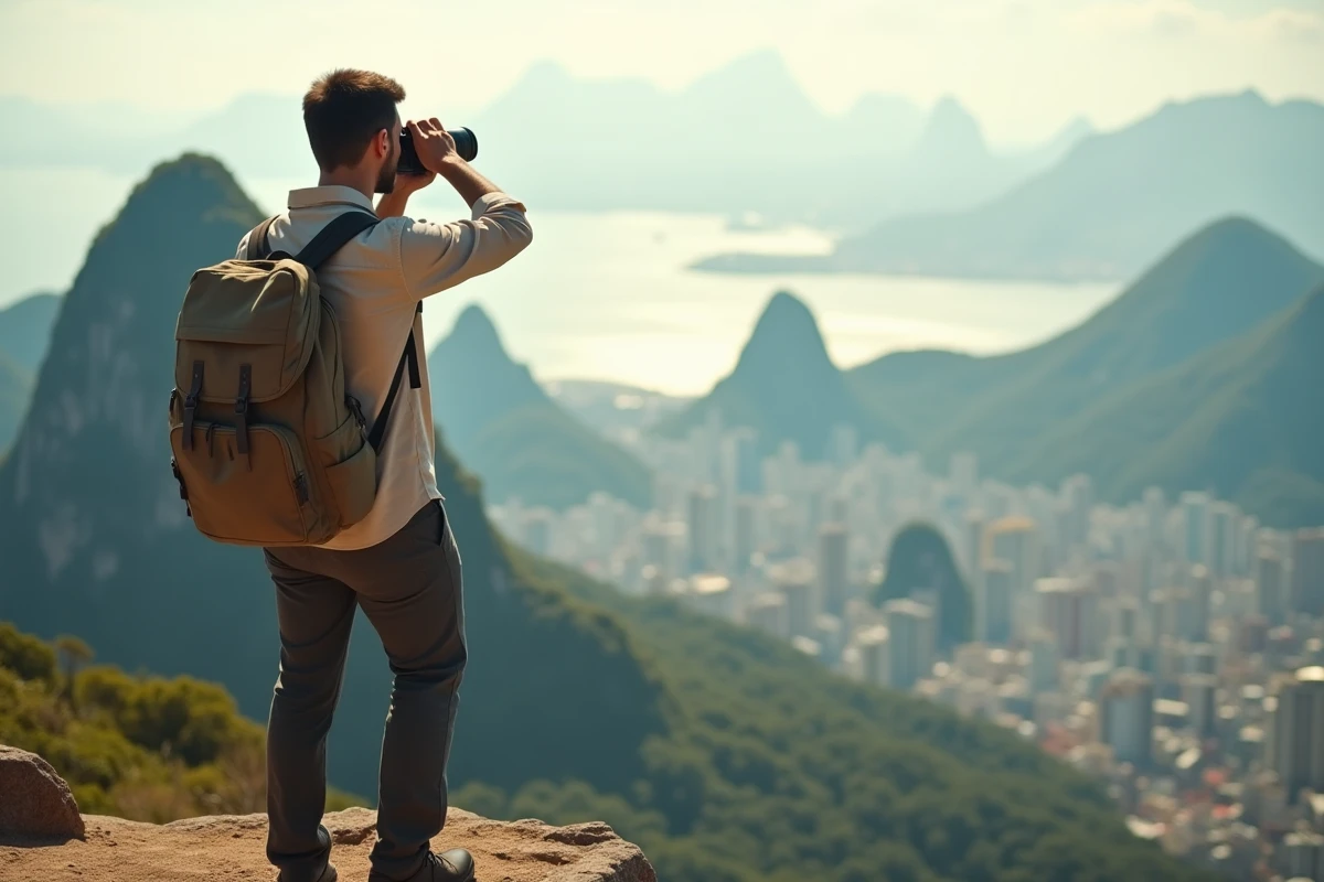 Photographe observant le Christ Rédempteur depuis un belvédère du Corcovado avec vue panoramique sur Rio de Janeiro et la baie de Guanabara