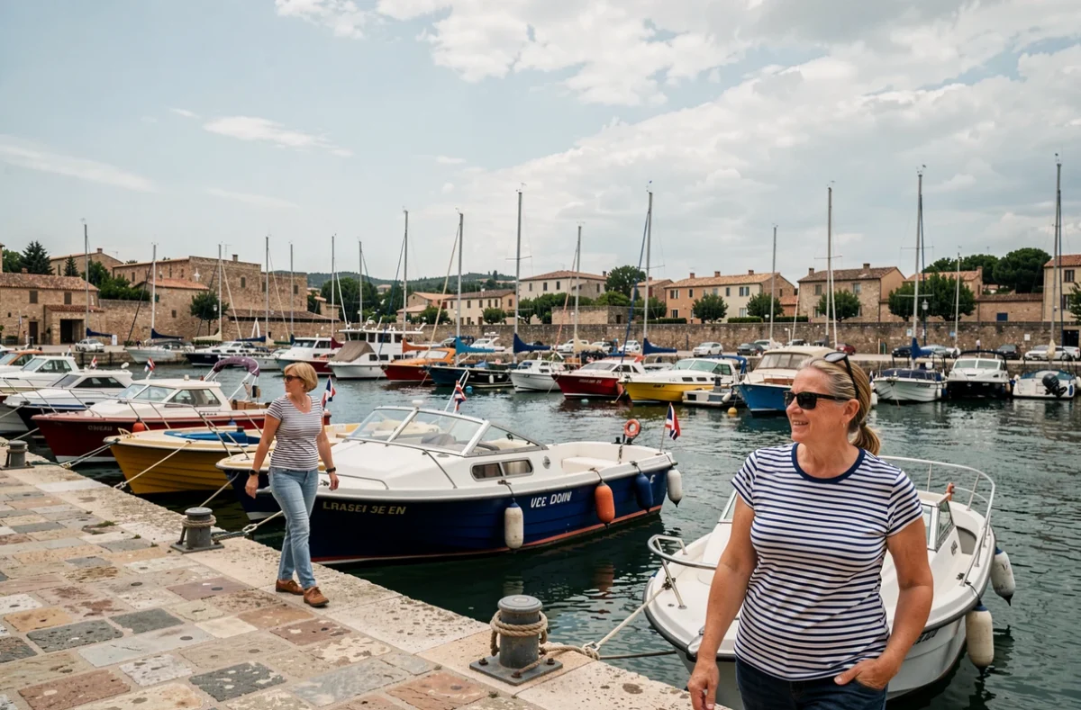 Port fluvial du Canal du Midi avec bateaux de location et de mini-croisière amarrés au quai