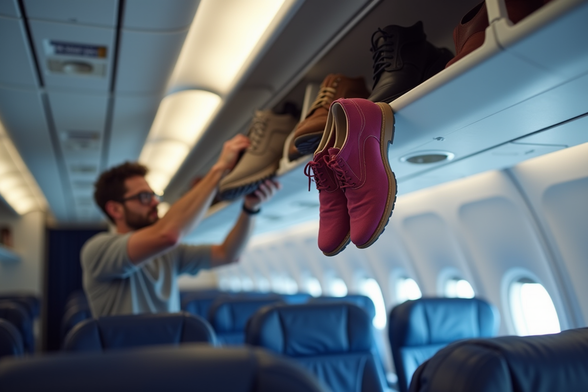Voyageur plaçant des chaussures dans le compartiment supérieur d