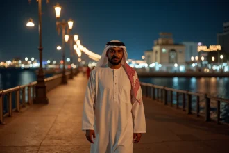 Homme Emirati en kandura sur la promenade de Deira la nuit
